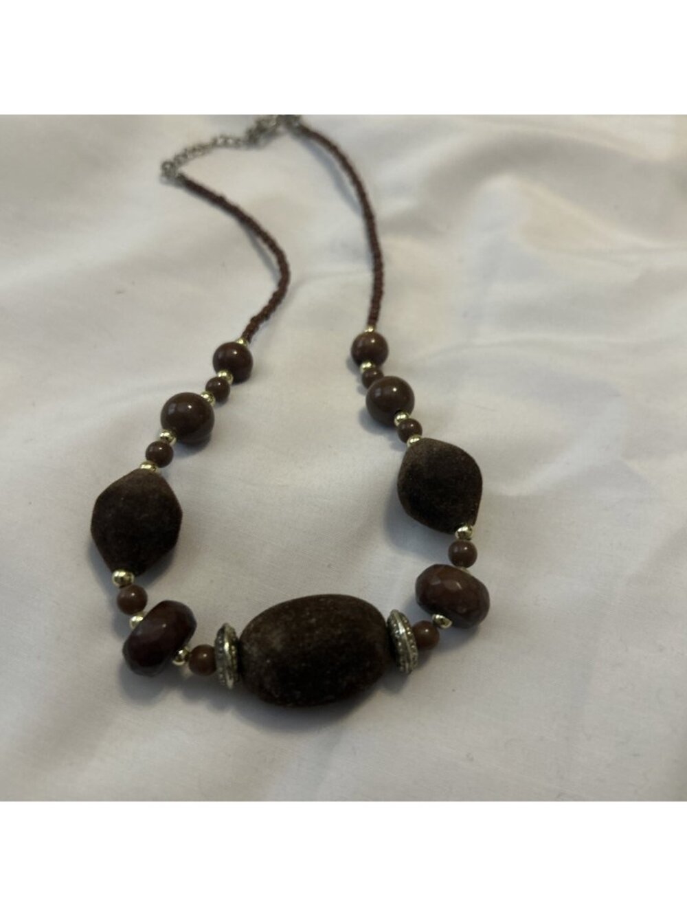 Brown & Red Wood Beaded Necklace with Silver Tone Accents Hook Closure 18”